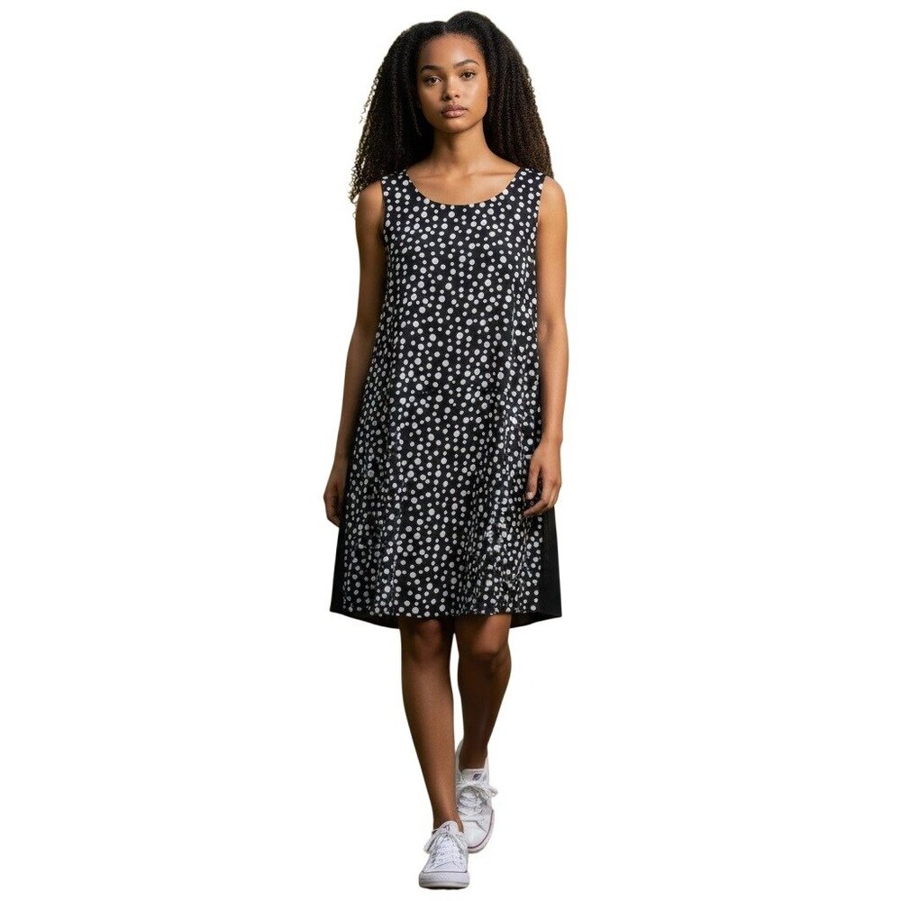 Finity NEW Black Shift Tank Dress White Polka Dots Size 8 Lightweight Fun Summer